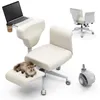 A cream-colored ergonomic office chair with a laptop and coffee cup on an attached tray, and a cat resting on the knee support. Náhľad obrázku produktu