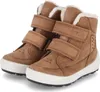 A pair of brown children's boots with white soles and fluffy lining. Podgląd zdjęcia produktu