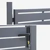 Close-up views of a gray aluminum garden gate, showing the hinge and the handle with keys. Anteprima dell’immagine prodotto