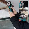 A person is using a cordless angle grinder to cut wood, with sparks flying. The image is a collage of three shots showing the tool in use. Náhled obrázku produktu