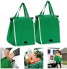 A collage of images showing green shopping bags, one being attached to a shopping cart, another filled with groceries, and a woman loading bags into a car. Náhľad obrázku produktu