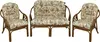 A set of rattan furniture, including a two-seater bench and two armchairs, with floral patterned cushions, displayed on a white background. Produktbild-Vorschau
