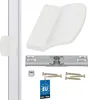 A collection of white and silver balcony door hardware components, including a handle, a mounting plate, screws, and a small cylindrical piece, arranged on a white background. A blue tag with 'MADE IN EU' is also visible. Náhled obrázku produktu