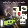 A survival radio with various features highlighted by inset images, set against a stormy background. Produktbild-Vorschau