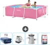 A pink Intex swimming pool with two people in it, accompanied by images of accessories. Náhľad obrázku produktu