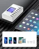A white USB charging station with multiple ports and an LCD screen is shown next to a tablet. Below, a collage displays various electronic devices including smartphones, tablets, and wireless earbuds. Produktbild-Vorschau