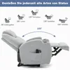 A light gray recliner chair is shown in a reclined position, with diagrams illustrating different reclining angles and activities like reading, watching TV, and sleeping. Náhľad obrázku produktu