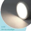 A round, white LED ceiling lamp is shown against a gray background, with a soft light illuminating the lower left portion of the image. Text overlays are present in the lower left corner. Anteprima dell’immagine prodotto