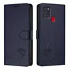 A dark blue flip case for a Samsung Galaxy A21S phone, shown from the front and back, with a cat design. Produktbild-Vorschau