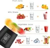 Diagrams showing how to make fruit juice, milkshakes, vegetable juice, and smoothies using a portable blender. Produktbild-Vorschau