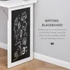 A close-up of a white desk with a black chalkboard attached to the side, featuring chalk drawings and text. Voir les images du produit