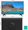 Front and back views of a television with dimensions indicated. Produktbild-Vorschau