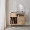 A wooden record cabinet with a turntable and headphones on top, placed near a window with sheer curtains. Anteprima dell’immagine prodotto