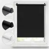 A collage of roller blinds in different colors and close-ups of their mechanisms, with a main image of a black roller blind installed on a window. Produktbild-Vorschau