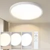 A modern LED ceiling light is shown mounted on a ceiling, with three smaller inset images below demonstrating different light color temperatures and a remote control. Voir les images du produit