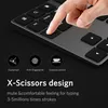 A close-up shot of a person's finger pressing a key on a black keyboard, with feature callouts below. Produktbild-Vorschau