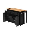 A black kitchen island with a wooden countertop, shown with drawers and doors open. Podgląd zdjęcia produktu