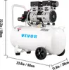 A white VEVOR air compressor with dual pump heads, shown from a side-angle with dimensions indicated by overlaid text. Produktbild-Vorschau