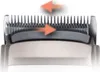 A close-up view of the cutting head of a hair clipper, showing the blades and an indicator of movement. Podgląd zdjęcia produktu
