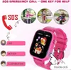 A pink smartwatch for children is displayed with marketing text and images of children. Produktbild-Vorschau
