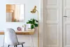 A modern home office setup with a desk, chair, lamp, and mirror. Produktbild-Vorschau