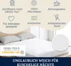 A bed with white sheets and pillows, with marketing icons and text above. Produktbild-Vorschau