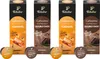 Four boxes of Tchibo Cafissimo espresso capsules, two caramel flavored and two double chocolate flavored, are displayed in a row with individual capsules at the bottom. Produktbild-Vorschau