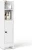 A white, narrow cabinet with shelves and a door, displaying various bottles and decorative items. Produktbild-Vorschau