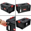 A collage of four images showing a black modular tool box from different angles, with one image showing a hand interacting with a latch. Náhled obrázku produktu