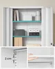 A multi-panel image showing a white metal storage cabinet with shelves, organized with various boxes, books, and containers. Close-up views highlight the shelf support and depth. Náhled obrázku produktu