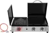 A tabletop gas grill with its lid open, shown from the front with a gas hose and regulator to the left. Produktbild-Vorschau