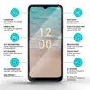 A smartphone screen protector is shown with various features highlighted by text and icons. Produktbild-Vorschau
