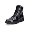 A black patent leather lace-up boot with a side zipper, shown from a three-quarter angle against a white background. Anteprima dell’immagine prodotto