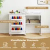 A white sewing table with spools of thread and sewing supplies, featuring text overlays highlighting its features. Náhled obrázku produktu