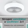A white ceiling fan with integrated lighting is shown from below, mounted on a white ceiling. Below the fan, a grey background with text is visible. Náhled obrázku produktu