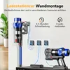 A vacuum cleaner and its charging station are mounted on a wall, with descriptive text and icons indicating features. Voir les images du produit