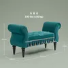 A teal upholstered bench with decorative tassels and wooden legs, shown with measurement annotations. Náhľad obrázku produktu