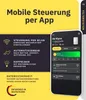 A smartphone displaying an app interface for an air purifier, alongside text describing its features. Produktbild-Vorschau