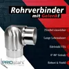 A product image for a pipe connector with a joint, featuring text highlighting its features and a logo. Produktbild-Vorschau