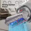 Close-up of a vacuum cleaner head with dust being sucked up, with marketing text overlay. Produktbild-Vorschau