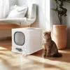 A cat sits next to a white litter box in a well-lit room with a plant in the background. Podgląd zdjęcia produktu