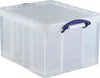 A transparent storage box with blue handles on a white background. Voir les images du produit