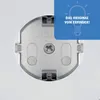 Close-up of a white plastic electrical outlet cover with a blue overlay containing text and a lightbulb graphic. Anteprima dell’immagine prodotto