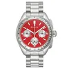 A close-up, front-facing studio shot of a Bulova Lunar Pilot chronograph watch with a red dial and silver stainless steel bracelet, presented on a white background. Náhled obrázku produktu