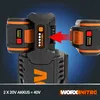 Two battery packs are shown being connected to a power tool, with a red arrow indicating the connection. Produktbild-Vorschau