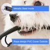 A close-up of a dog's mouth holding a black cord, with overlaid text highlighting product features. Produktbild-Vorschau