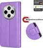 A purple flip cover phone case with a magnetic closure and a close-up of a butterfly embossed detail. Produktbild-Vorschau