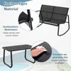 A split image showing a black rocking chair bench and a black coffee table, with close-ups of the metal frame and the glass tabletop. Podgląd zdjęcia produktu