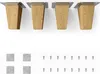 Four wooden furniture legs with metal mounting plates, along with four square protective pads and several screws, are laid out on a white background. Produktbild-Vorschau