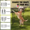 A dog is playing inside a metal dog kennel. The kennel is shown in various configurations on the left side of the image. Voir les images du produit